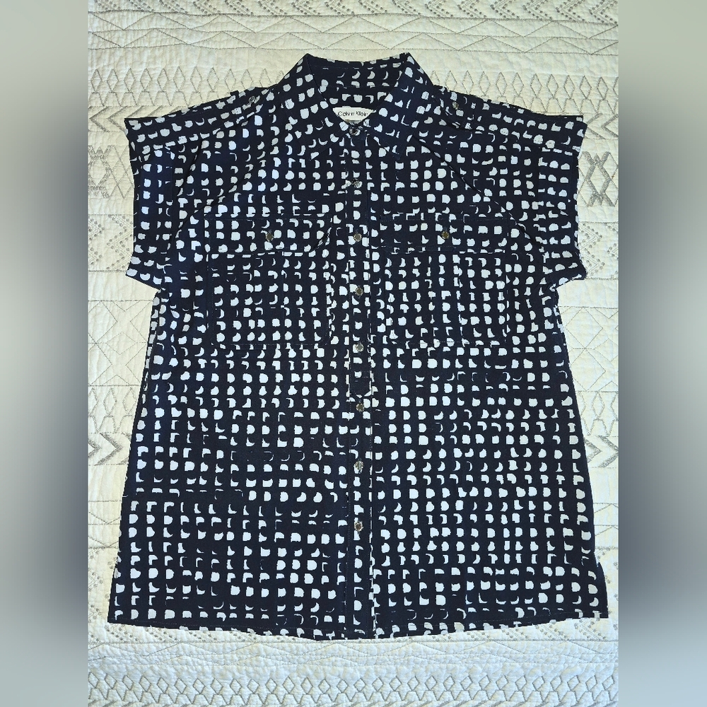 Calvin Klein Black and White Patterned Blouse Sz M